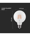 V-Tac 6W LED globlampa - Samsung LED chip, Filament, Ø12,5 cm, E27