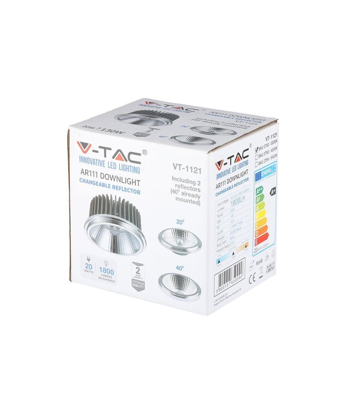 V-Tac VT-1121 LED Strahler AR111 Birne 20W GX53 12V warmweißes Licht 3000K  COB Reflektor 20° und 40° Artikelnummer 212792