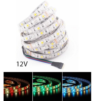 5m 12W/m RGB+WW LED-strip - 12V, IP65, 60 LED per meter