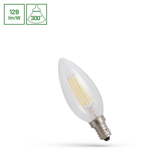 E14 5,5W LED kronljus - Filament, klart glas, 700lm, 2700K, C35