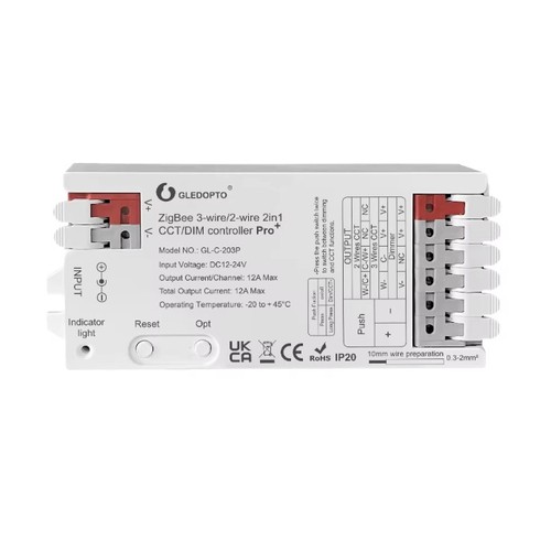 Gledopto Pro 2in1 Zigbee strip-kontroller - Hue-kompatibel, 12V/24V, 12V (144W) 24V (288W), enfärgad + CCT