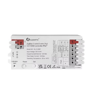 Gledopto 2in1 Zigbee strip-kontroller - Hue-kompatibel, 12V/24V, 12V (144W) 24V (288W), enfärgad + CCT