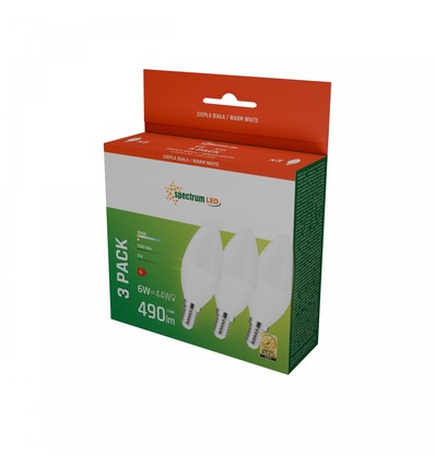 3 st. E14 6W LED kronljus - 3000K, varmvit, 520lm