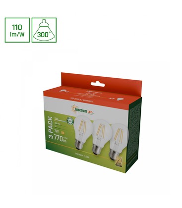 LED 7W E27 - 230V, Koltråd, Varm Vit, Klar, Spectrum, 3-pack