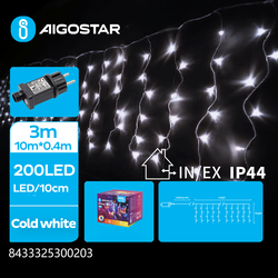 Juleljus 3m LED kallvit istapp ljusslinga - 200 LED, 50 rader, timer, 8 ljusspel, IP44, transparent kabel