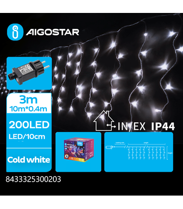 3m LED kallvit istapp ljusslinga - 200 LED, 50 rader, timer, 8 ljusspel, IP44, transparent kabel