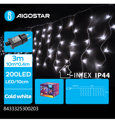 3m LED kallvit istapp ljusslinga - 200 LED, 50 rader, timer, 8 ljusspel, IP44, transparent kabel