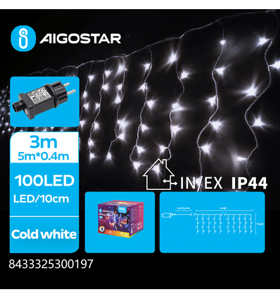 5m kallvit LED ljusslinga - 100 LED, 5x0,4m, 25 rader, 8 ljusspel, IP44, transparent kabel