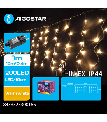 10m LED varm vit ljusslinga - 200 LED, 10x0,4m, 50 rader, 8 ljusspel, IP44, transparent kabel