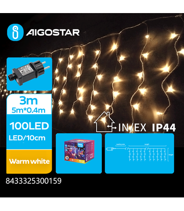 5m LED varm vit ljusslinga gardin - 100 LED, 5x0,4m, 25 rader, 8 ljusspel, IP44, transparent kabel