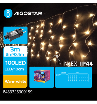 5m LED varm vit ljusslinga gardin - 100 LED, 5x0,4m, 25 rader, 8 ljusspel, IP44, transparent kabel