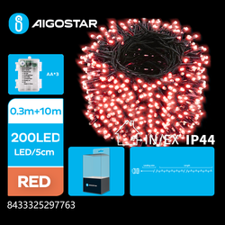 Juleljus 10m batteri röd LED ljusslinga - 200 LED, 8 ljusspel, IP44, grön/svart kabel