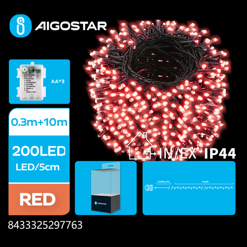 10m batteri röd LED ljusslinga - 200 LED, 8 ljusspel, IP44, grön/svart kabel