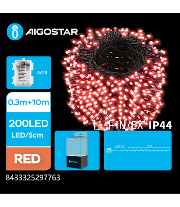 10m batteri röd LED ljusslinga - 200 LED, 8 ljusspel, IP44, grön/svart kabel