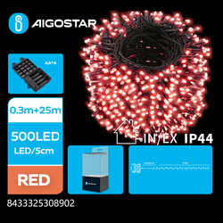 Juleljus 25m röd batteri LED ljusslinga - 500 LED, 8 ljusspel, mörkgrön sladd