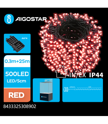 25m röd batteri LED ljusslinga - 500 LED, 8 ljusspel, mörkgrön sladd