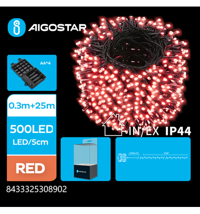 25m röd batteri LED ljusslinga - 500 LED, 8 ljusspel, mörkgrön sladd