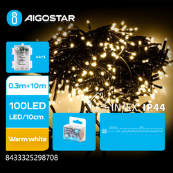  EN: 3AA Battery Firecracker String Lights-Warm White-0.3M+10M-100LED-10CM/LED-green black wire-8blink+time+IP44