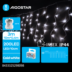 Juleljus 3AA Batteri Istapp Platt Ljusslinga Kall Vit - 200 LED, 50 rader, Transparent Kabel, 8 Blinkfunktioner, Timer, IP44, 3M+4M