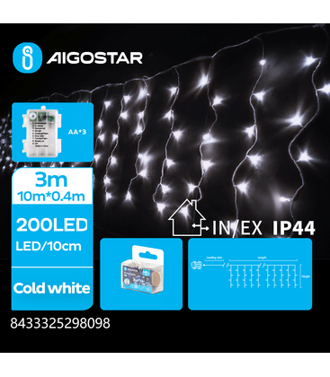 10m kallvit batteridriven istapp flat ljusslinga - 200 LED, 50 rader, 8 ljusspel, IP44, transparent kabel