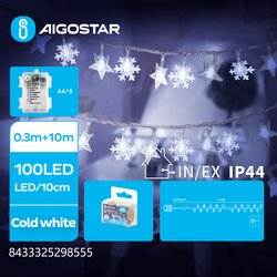 Juleljus 10m kallvit batteridriven stjärna & snöflinga ljusslinga - 100 LED, 8 ljuslägen, IP44, transparent kabel