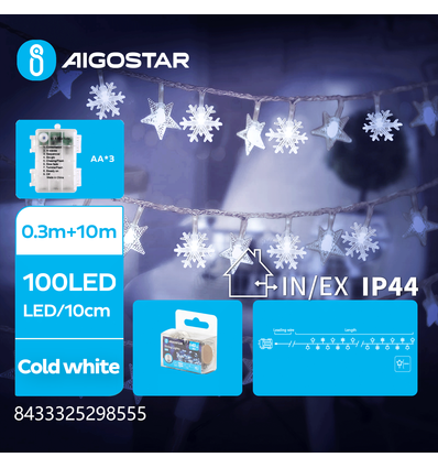 10m kallvit batteridriven stjärna & snöflinga ljusslinga - 100 LED, 8 ljuslägen, IP44, transparent kabel