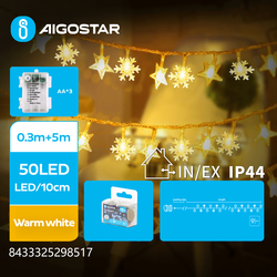 Juleljus 5m varm vit batteri stjärna & snöflinga ljusslinga - 50 LED, 8 ljusspel, IP44, transparent kabel