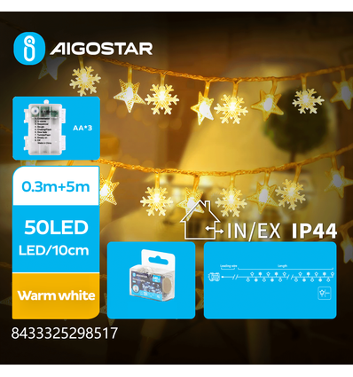 5m varm vit batteri stjärna & snöflinga ljusslinga - 50 LED, 8 ljusspel, IP44, transparent kabel