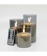 LED blockljus i gråtonat glas Ø7,5cm, 3 st, flammeffekt
