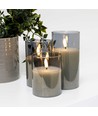 LED blockljus i gråtonat glas Ø7,5cm, 3 st, flammeffekt