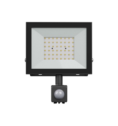 Noctis Lux strålkastare 50W - kallvitt, 230V, IP44, 176x221x53mm, svart, PIR-sensor.