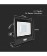 30W LED strålkastare med PIR sensor - Samsung LED chip, IP65, svart, 1m kabel, utomhus