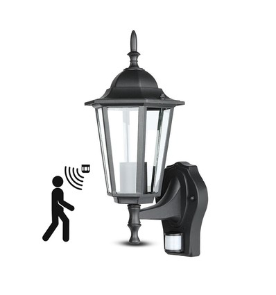 V-Tac svart vägglampa m. sensor - IP44 utomhusbruk, E27 sockel, utan ljuskälla