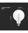 E27 10W LED filament glob lampa - G125, 1055lm, klart glas, 125x173mm