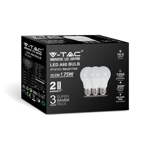 A60 LED 10,5W E27 - 3000K, Plastlampa, 3 st/förpackning