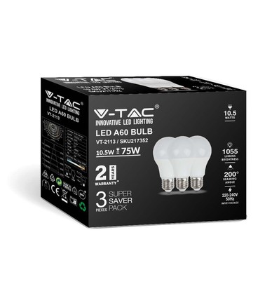 3 st. E27 10,5W LED lampa - A60, matt glas, 3000K, 1055lm, 3-pack