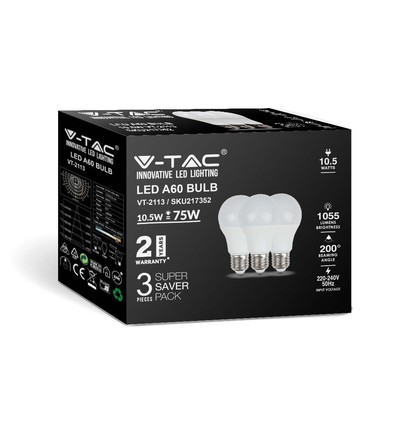 A60 LED 10,5W E27 - 3000K, Plastlampa, 3 st/förpackning