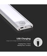 60cm 2,5W LED kabinettsbelysning med PIR sensor - 5V, silver, 3000mA batteri, uppladdningsbar, 3000K