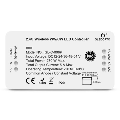 Gledopto Zigbee controller - Philips Hue kompatibel, Zigbee 3.0, enkelfärgad och CCT, 12V (60W), 24V (120W)