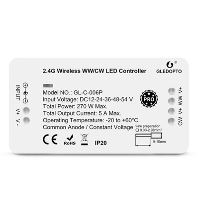 Gledopto Zigbee controller - Philips Hue kompatibel, Zigbee 3.0, enkelfärgad och CCT, 12V (60W), 24V (120W)