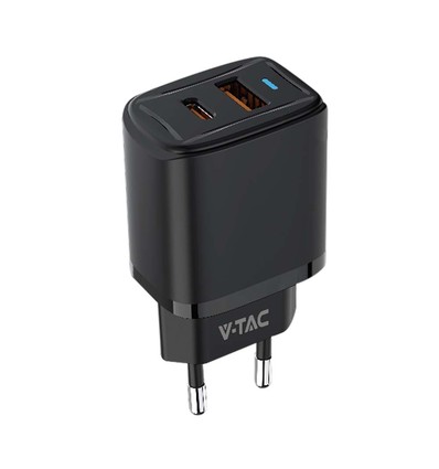20W USB reseadapter med PD och QC - Svart, snabbladdare, 1x USB-A och 1x USB-C PD