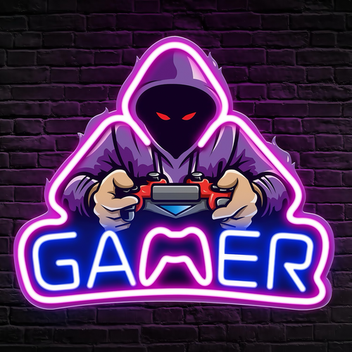 Gamer neonskylt med LED-ljus - Stor modell 39x33 cm, perfekt för gamingrum