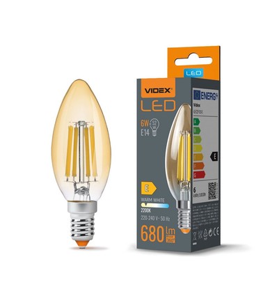 C35 LED-lampa 6W E14 - glödtrådsdesign, bärnstensfärgad, extra varmvit, 230V, 680lm, förbrukning 6W