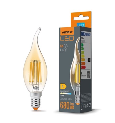 C35 LED-lampa 6W E14 - koltrådsfärgad, flamma, bärnsten, extra varmvit, 230V, 680lm