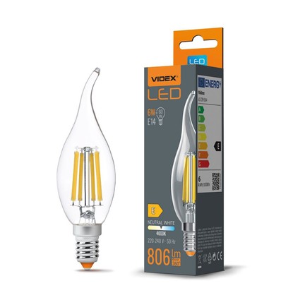 E14 6W LED filament kronljus med flamma - C35, 806lm, 4000K, flicker free, ersätter 60W