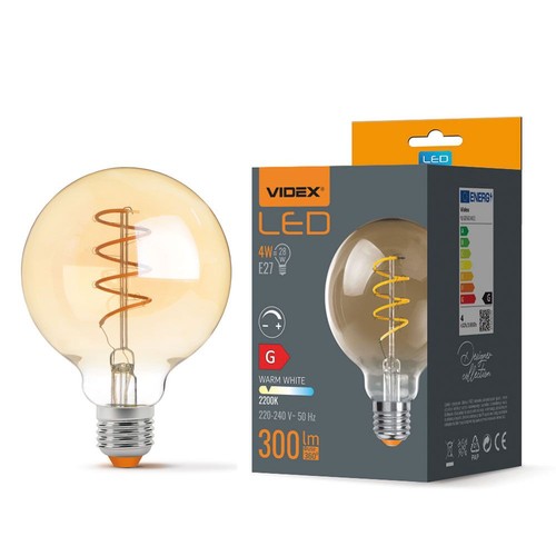 G95 LED-lampa 4W E27 - koltrådsdämpbar spiral, bärnstensfärgad, extra varmvit, 230V, 300lm, förbrukning 4W