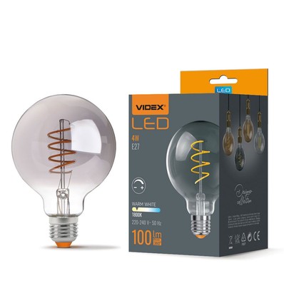 G95 LED-lampa 4W E27 - glödtråd, dimbar, spiral, gråtonad / askfärgad, extra varm vit, 230V, ljusstyrka 100, förbrukning 4