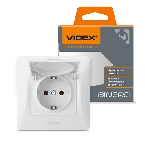 Schuko-kontakt - enkel, med lock, vit