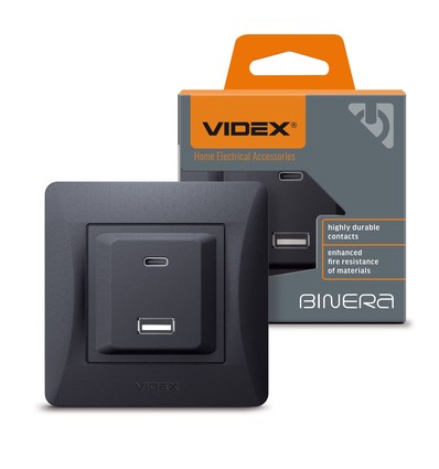 USB-A + Type-C vägguttag 20W snabbladdare - Svart grafit, 2.4A, IP20 inomhus