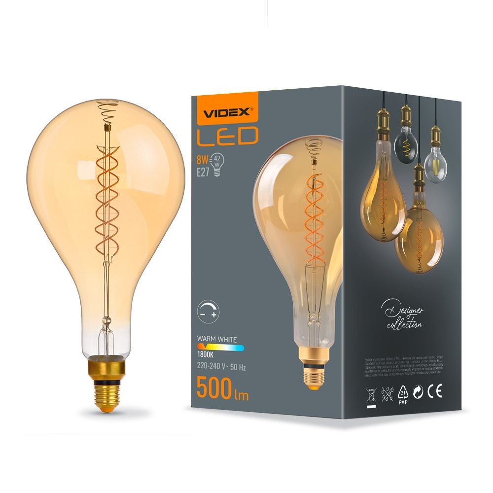 Ps160 LED-lampa 8W E27 - glödtråd, dimbar, spiral, bärnstenfärgad, extra varmvit, 230V, ljusstyrka 500, förbrukning 8 - Dimbar : Dimbar, Kulör : Extra varm